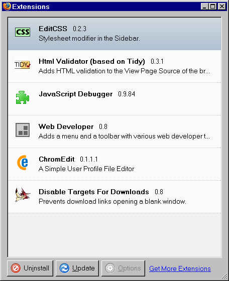 Extensions window before changes